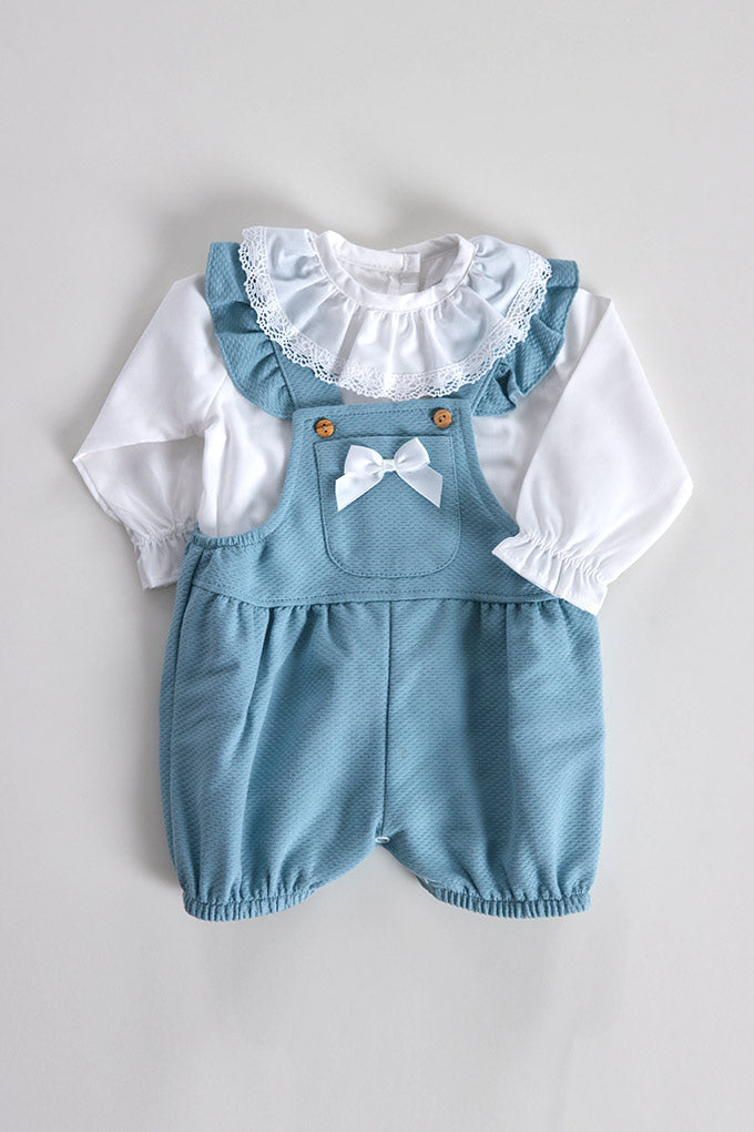 Jardineira Bebé Piquet c/ Blusa Rendada