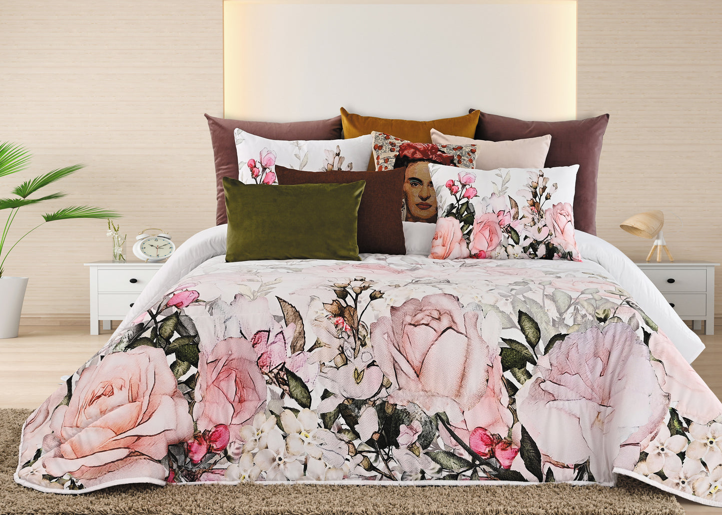 Colcha de Casal Rosa com 2 Almofadas Cheias 250x260cm 120 g/m²